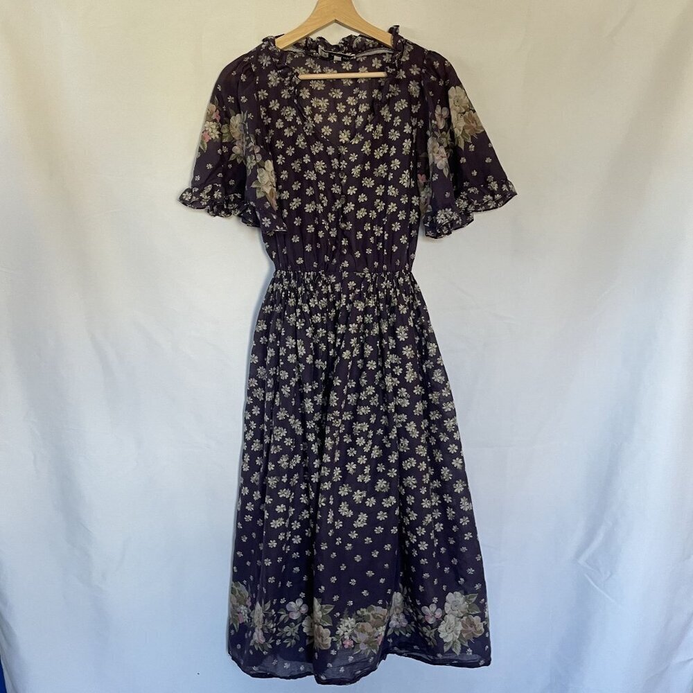Albert Nipon Floral Print Ruffle Sleeve Button Front Dress Size 6 Purple Tan